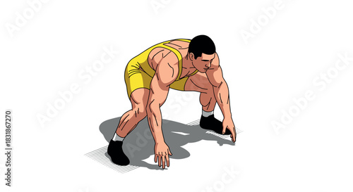 Dynamic track and field athlete in starting position with bold colors and shadows