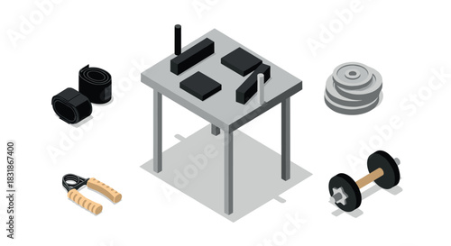 Isometric gym equipment arrangement with dumbbells and jump rope on white background