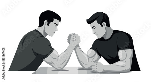 Monochrome arm wrestling champions clash in intense face-off
