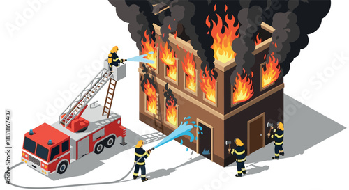 Firefighting team in action: isometric fire scene with firefighters and fire truck