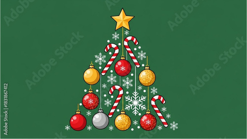Creative Christmas tree design composed of festive holiday ornaments like baubles, candy canes, and snowflakes