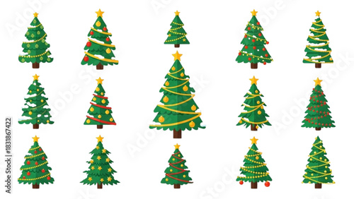 Collection of festive Christmas trees with decorations and star toppers