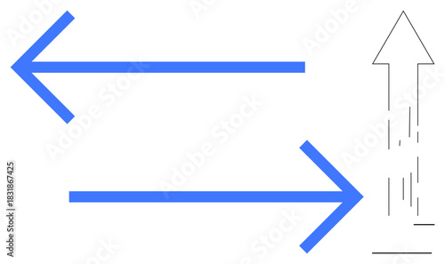 Blue arrows pointing left and right symbolize opposition or balance. A black upward arrow with a dynamic trail conveys growth, progress, or upward momentum. Ideal for direction, strategy, balance