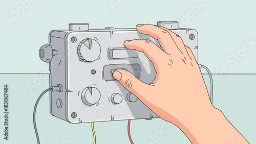 Hand pressing button on vintage control panel with various knobs and switches. Concept for audio production, laboratory research and electronic music creation