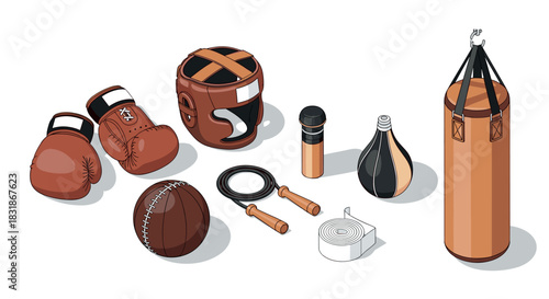 Boxing equipment collection: gloves, gear, and training essentials in 3d isometric style