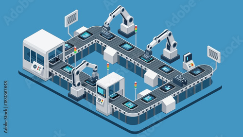 Isometric illustration of a smartphone assembly line with robotic arms and conveyor belts on blue background. Concept for automation factory, product development and manufacturing process