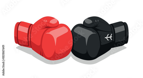 Red and black boxing gloves in conflict on white background
