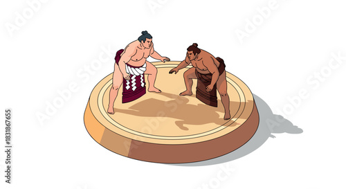 Sumo wrestlers in traditional ring isometric art on white background