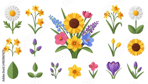 Collection of stylized spring flowers and floral design elements isolated on a white background