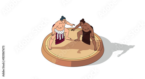 Isometric sumo wrestling match on circular platform with dynamic shadows