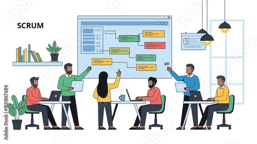 Illustration of a diverse team of project managers collaborating on a scrum process diagram, concept for agile workflow, sprint planning and product development