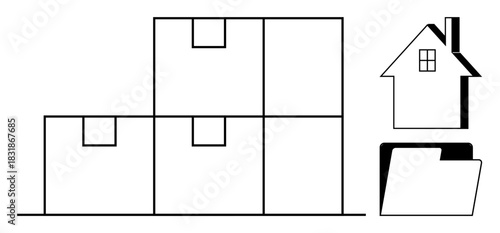 Stacked boxes, a house, and a file folder symbolizing storage, logistics, home organization, data management, shipping, inventory and property ownership. Ideal for simple flat metaphor