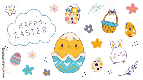 Cute hand drawn illustration of a chick hatching from an egg a bunny easter eggs flowers and a basket with happy easter text in a cloud