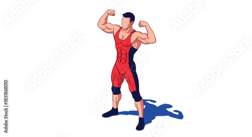 Muscular athlete in red wrestling suit flexing biceps on white background