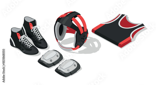 Isometric wrestling gear set with shoes, helmet, pads, and singlet in black and red
