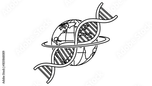 Outline of globe and DNA helix, world genetic research shown with vector illustration. Concept for science education, medical advancement and biology exploration