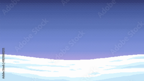 8-bit pixel art game winter background. Pixel snowy hills against blue sky.