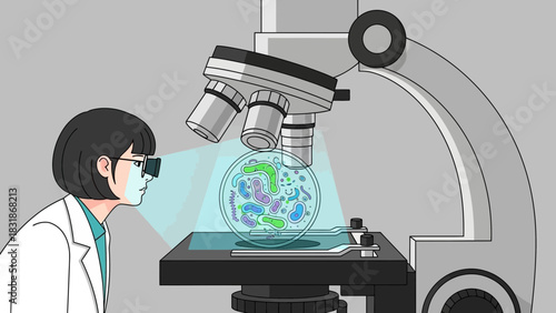 Cartoon researcher observes bacteria in petri dish under microscope in laboratory. Concept for scientific research, medical study and healthcare