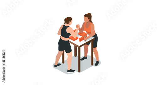 Isometric women arm wrestling match on a table in sportswear