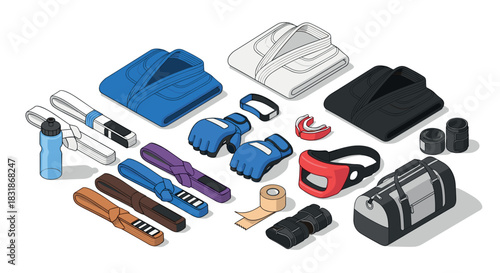 Isometric martial arts gear: uniforms, belts, gloves, and equipment