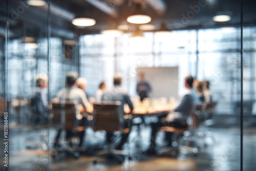 Blurred business meeting viewed through glass partition with bright overhead lights.
