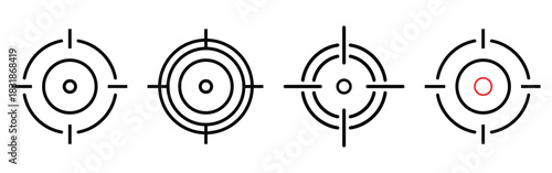 Target weapon icons, Gun, Military, Shot icons set on white page. Aiming optical gun icons set. Black dark isolated modern vintage target icons set on white background. EPS 10. 
