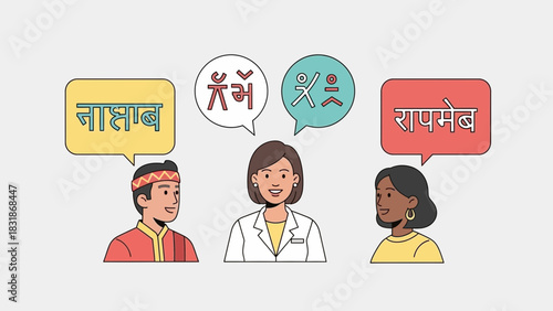 Cartoon depiction of people with speech bubbles above their heads showcasing different languages, concept for multicultural communication, translation services and language learning