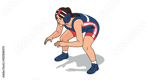 Female wrestler in motion wearing red and blue gear with protective headgear