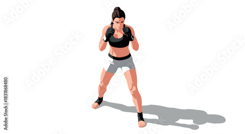 Dynamic female boxer in action with shadow effect on white background