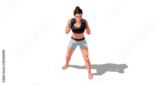 Female mma fighter in ready stance with shadow on white background