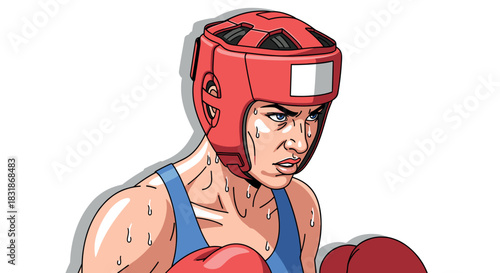 Determined female boxer in action with red gear and intense focus