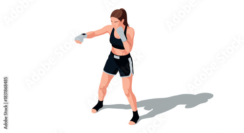 Female boxer in mid-punch pose on white background