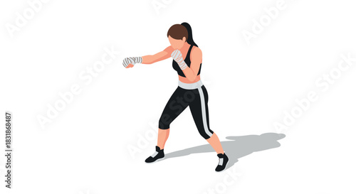 Female boxer in fighting pose with hand wraps in minimalist style