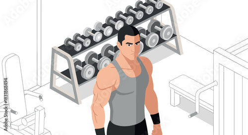 Isometric gym scene with muscular man and dumbbells in modern fitness center
