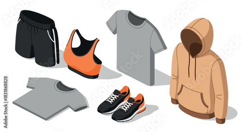 Casual isometric apparel set featuring hoodies and sportswear