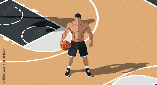 Muscular athlete on basketball court with ball in hand in isometric style
