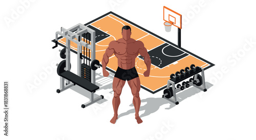 Isometric gym and basketball court with bodybuilder and equipment
