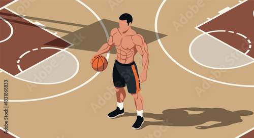 Isometric athlete holding basketball on court