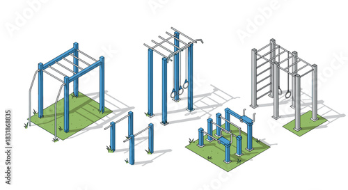 Isometric outdoor fitness equipment: calisthenics park with bars and rings