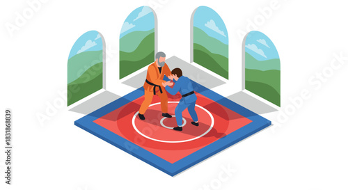 Isometric wrestling match in bright room with scenic views