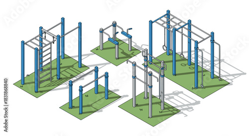 Outdoor fitness equipment set on green platforms in isometric design