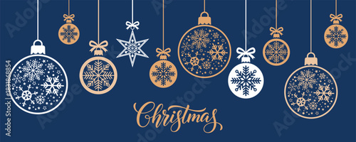 Elegant Christmas background with hanging baubles and star ornaments decorated with snowflakes on dark blue, festive holiday greeting card or web banner design in modern gold and white winter style