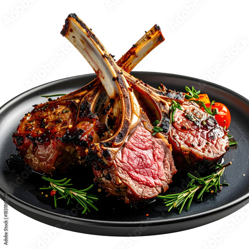 Xai roast lamb, a traditional andorran dish of seasoned and slow-roasted lamb, served on a platter, isolated on a white background