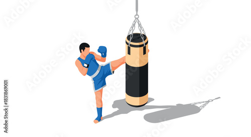 Isometric boxer kicking punching bag in blue gear on white background