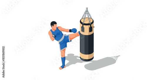 Isometric boxing training scene with fighter and punching bag in blue gear