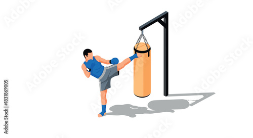Isometric kickboxing training with punching bag in minimalist style