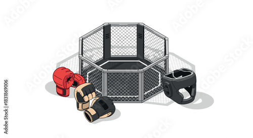 Mma gear and octagon cage with boxing and sparring equipment on white