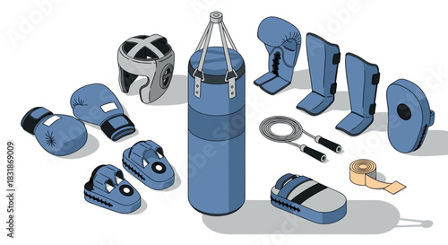 Boxing equipment set with training gear in isometric style for fitness and combat sports