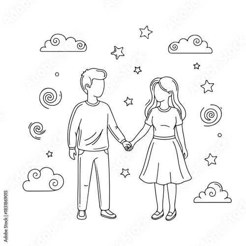 A romantic doodle line art illustration of a couple holding hands surrounded by whimsical stars, clouds, and swirls on a white background.