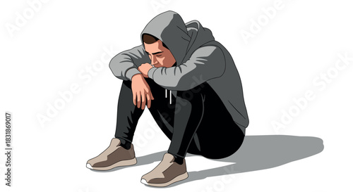 Pensive young adult in hoodie sitting with head down in minimalistic style